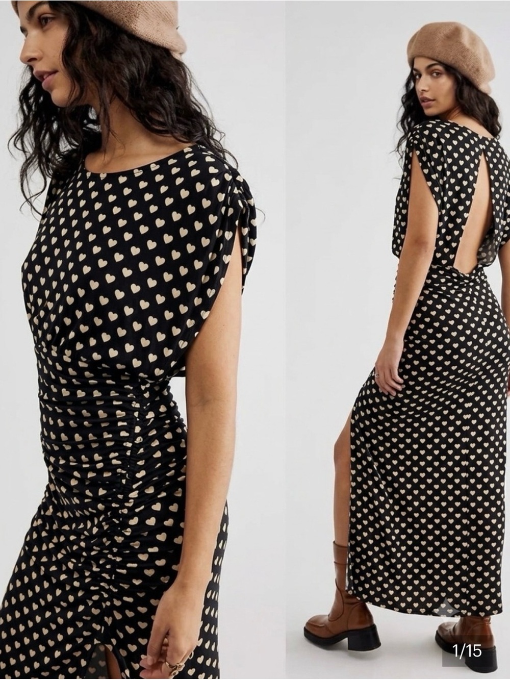 Free People Black Maxi Dress with Cream Heart Print